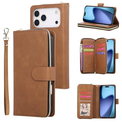 Étui iPhone 14 Pro marron : housse portefeuille à rabat en cuir avec fermeture éclair intégrée