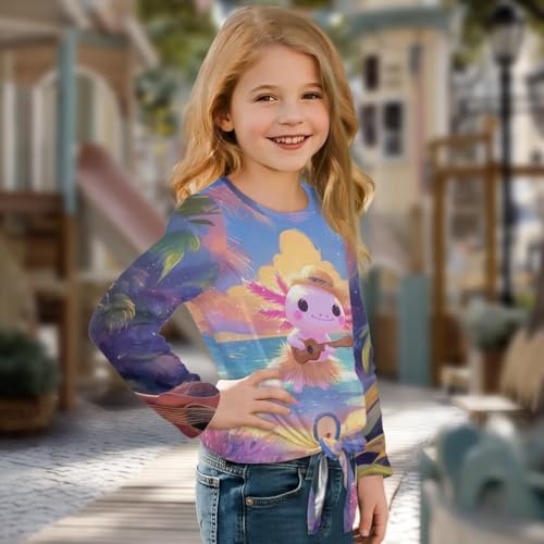Xoenoiee Girls Casual T-Shirt Crew Neck Tunic Tops Axolotl Print Long Sleeve Loose Fit Soft Blouse Tie-Hem Tees Size 5-123