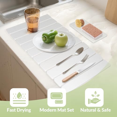 Large Stone Dish Drying Mat for Kitchen Counter, 24"x16"&8"x4", Foldable Fast-Drying Diatomaceous Earth Dish Mat, 2PCS Eco-Friendly Water Absorbent Pads Set for Kitchen Bathroom, White by KAWRYDI - Image 2