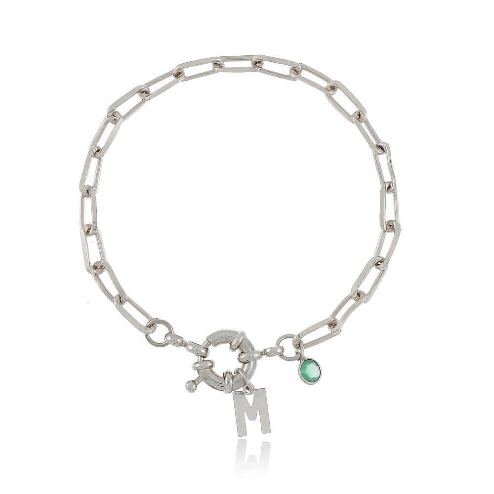 Pulsera Marinera Initials y mini stone Onix, letra inicial, cadena de eslabones diamantados, cierre resort/reasa/marinera, piedra natural, personalizado, hand made
