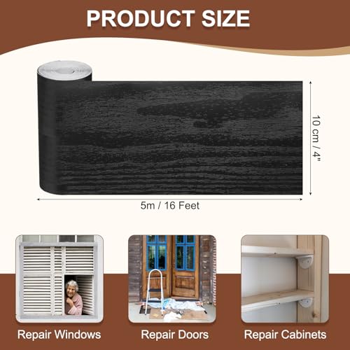 Image of MECCANIXITY Wood Grain Repair Tape, 4 Inch x 16 Feet Self Adhesive Wood Grain Tape Multi-Purpose Wallpaper Border Trim for Furniture Floors Windows Doors Tables Home, Black