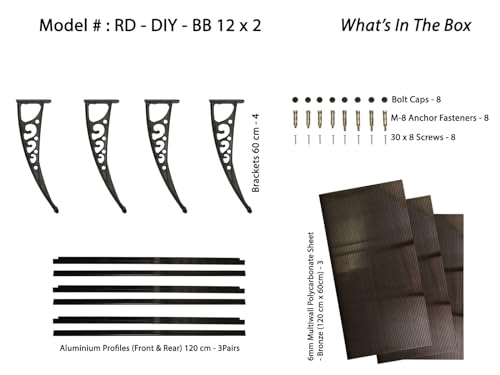 Image of CHENNAI Window Blinds and Shades DIY Polycarbonate Awning (Engineered Plastic Brackets) Window Sunshade Door Weather Shed Rain Canopy Awnings - 12'Widthx2'Depth (Black Brackets & Bronze Sheets)