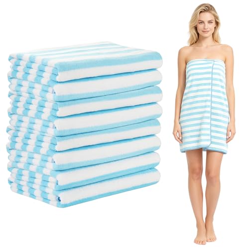 Rainmae 8 Pack Microfiber Beach Towels 27x55 Inch Stripe Quick Dry Lightweight Bath Towels Soft Absorbent Oversized Travel Towels for Beach Pool Gym Camping Swim (Blue & White)