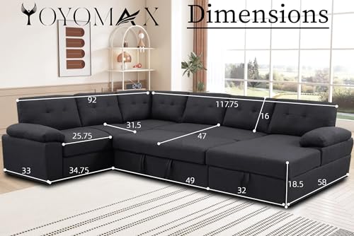 yoyomax Sectional Sofa-118\'\' Sofa Bed for 6-7 People Sitting, Pull Out Bed & Storage Space for Living Room, Apartment and Office, Dark Grey