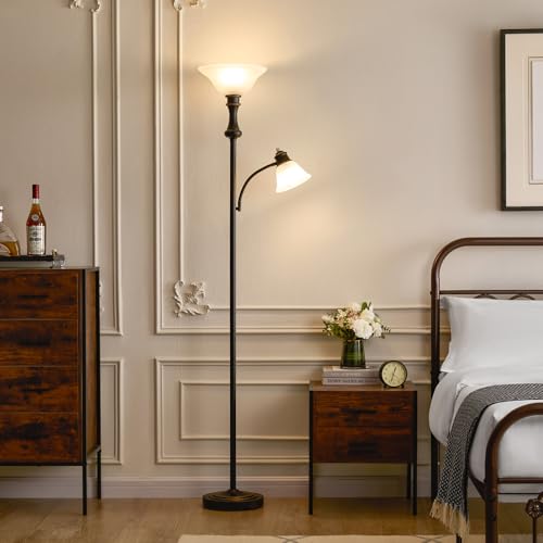 Image of Torchiere Floor Lamp with Adjustable Angle Reading Lamp-Black 71IN