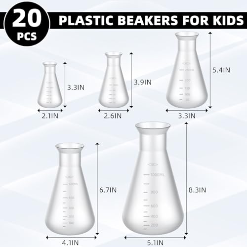 DoubleFill 20 Pcs Plastic Beakers for Kids Class and Party, Scientific Conical Flask, Laboratory Chemical Erlenmeyer Education Learning Tool, 50ml, 100ml, 250ml, 500ml, 1000ml