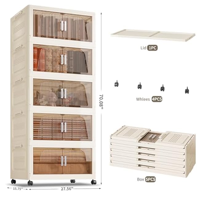 KHNR 550Qt Stackable Storage Bins with Lid, 5Packs Closet Organizer and Storaging Drawer, Collapsible Storage Box with Wheels, Plastic Clothes Storage Cabinet Containers for Home, Office