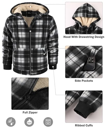 Image of Mens Plaid Hoodies Winter Zip Up Fleece Jacket Sherpa Fleece Lined Warm Flannel Jacket Coat