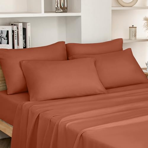 HOMEIDEAS King Size Terracotta Bed Sheets - 6 Piece Set (Burnt Or...