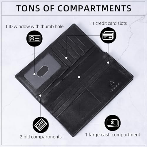 Image of VISOUL Leather Checkbook Cover Wallet for Men with RFID Blocking, Mens Long Bifold Cash Tall Wallet with 11 Credit Card Slots 1 ID Window (Black+Black)