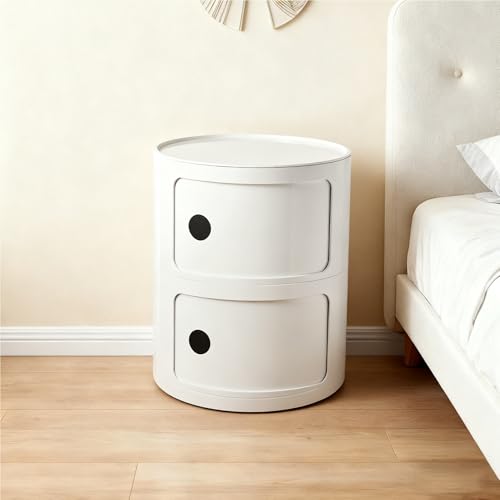 Comodino Rotondo con 2/3/4 Cassetti in Plastica per Camera da Letto, Componibili Contenitore Tonda ABS 2/3/4 Elementi con Armadietto per Piccoli Spazi Organizzare(White,2 Tier)