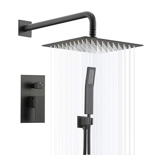 Luxury Black Shower Faucet Set Rain Shower System with 10 Inch Square Rainfall Shower Head &Handheld Shower Sprayer(Pressure Balance Shower Valved