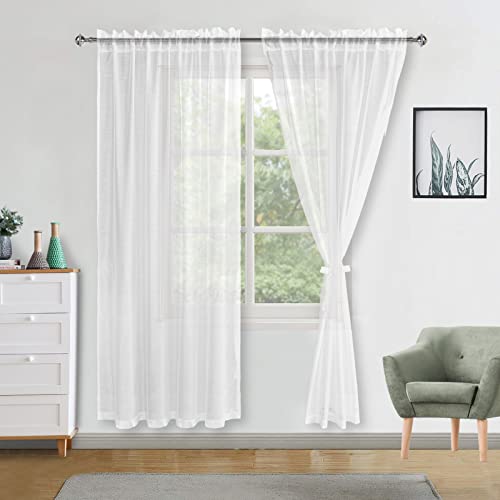 DWCN White Sheer Curtains with Tiebacks Semi Transparent Voile Rod Pocket Curtains Elegant Window Curtains for Bedroom and Living Room,2 Panels,56" W x 72" Drop