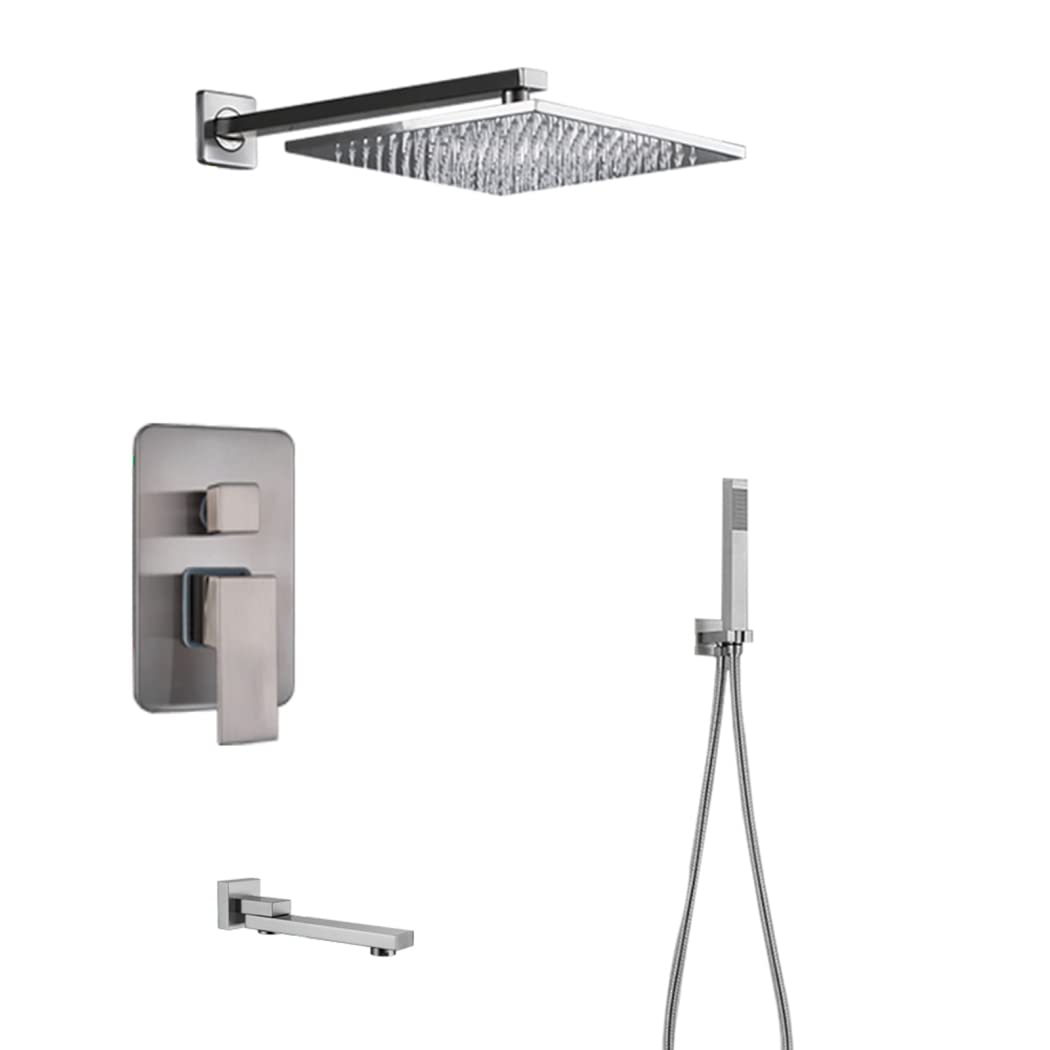 CWCQGH Shower System Concealed Shower Faucet Set Brass Brushed Shower Mixer Tap Set with Hand Shower and Rainfall Shower Head Advanced Air Injection Technology Easy Installation,8 Inch