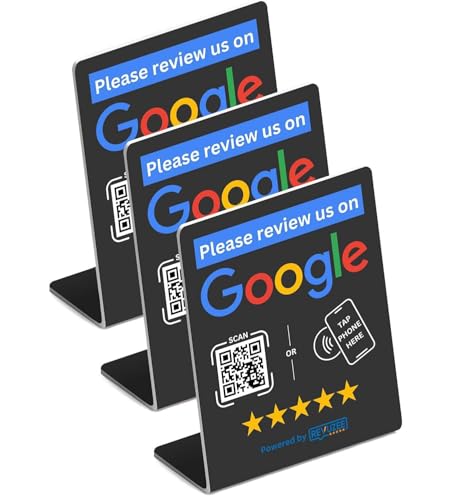 Revuzee Google Review Tap Stand (3 Pack) with QR Code | NFC and Custom QR Code Pedestal Sign for Business | Includes Analytics and Customizable Landing Page | 4