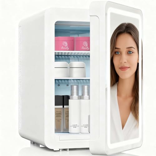 Image of Kikihuose 20L Skincare Fridge with Mirror & LED Lighting, 3-Mode Dimmable, Cooler & Warmer with Drip Tray for Makeup, Cosmetic, Beauty, Mini Beauty Fridge for Bedroom, Vanity, Car & Home Use