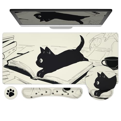 Ovenbird Mouse Pad Set 4-in-1 | Large Gaming Mousepad, Keyboard Wrist Rest, Mouse Wrist Support, Coaster | Ergonomic Office Desk Mat Accessories for Women Men | 4PCS, 35.4 x 15.7in, Black Cat