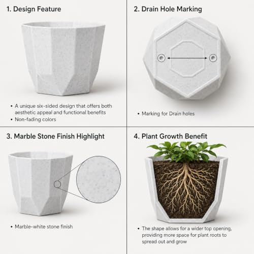 Image of YUCCABE ITALIA SHERA Hexa Round Plastic Flower Pot with Drainage Holes Planter Pot Suitable for Indoor Outdoor Kitchen Garden (Stone White, 8 Inch - 3 Pcs)