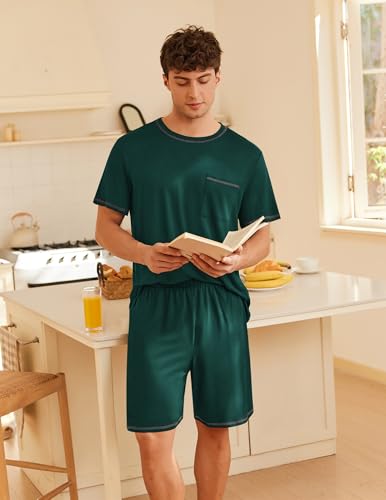 Image of Ekouaer Men's Pajamas Set Casual Short Sleeve Shirts and Shorts Soft 2 Piece Loungewear With Pockets