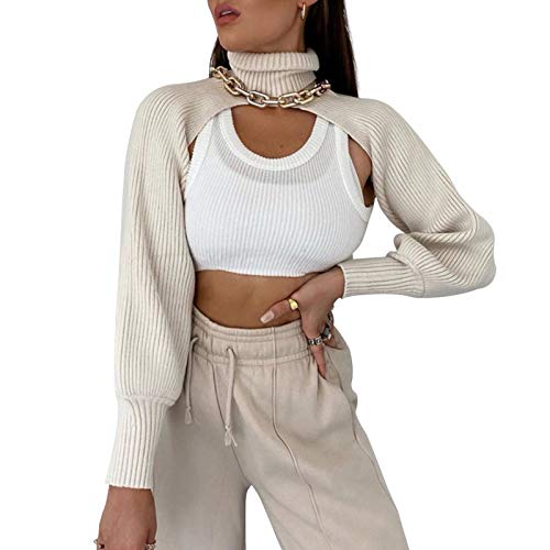 ACOSAP High Collar Long Puff Sleeve Sweater Knitwear Solid Color Pullover Crop Top Ultra Short Turtleneck Sweatshirt