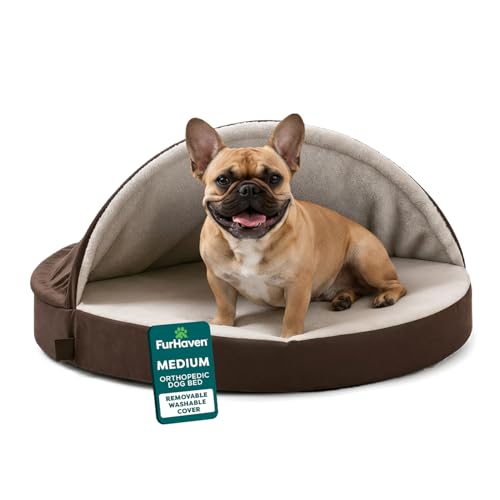 FurHaven Round Orthopedic Dog Bed for Medium Dogs, Egg Crate with a Solid Orthopedic Foam Base with Attached Blanket Hood and Removable Washable Cover, Medium, Sherpa & Suede Snuggery, Espresso by Furhaven - Used condition - US$26.96
