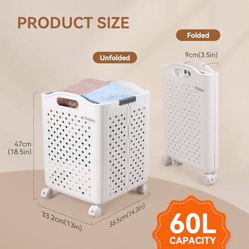 60L Laundry Basket Plastic Washing Baskets for Laundry Rolling Laundry Hamper Foldable Laundry Basket with Handle and Wheels Clothes Storage for Laundry Room,Bathroom,Bedroom,Dorm - Image 2