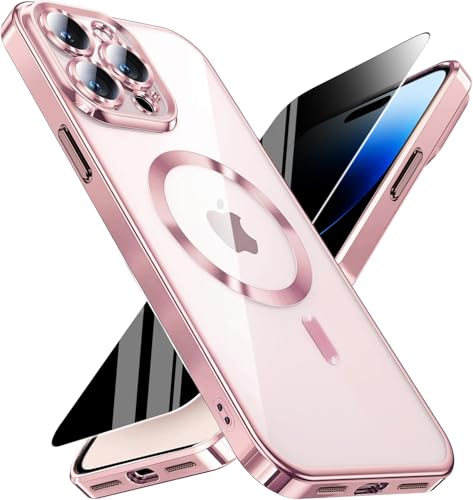 Image of Magnetic for iPhone 14 Pro Max Case with Privacy Screen Protector & Full Camera Cover,[Non-Yellowing] Plating Glossy Soft Shockproof Clear Phone Case with MagSafe Women Girls for 14 ProMax,Pink