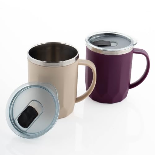 Image of MAGIC SPOON Stainless Steel Travel Coffee Mug with Sipper Lid & Handle, Insulated Tea Cup, BPA-Free Double Wall Tumbler for Hot-Cold Beverages, Office, Home,Car- BEIGE-PURPLE, (Combo Pack (400ml X 2))