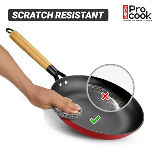 Image of Milton Pro Cook Induction Cookware & Gas Stove Friendly Cast Iron Fry Pan 26cm | Omelette Pan | Fish Fry Pan | Wooden Handle | PFOA Free | Scratch Resistant | Even Heat Cooking | Dishwasher Safe | Red