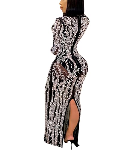 Image of PORRCEY Sexy Elegant Rhinestone Dress for Women Mesh See Through Bodycon Birthday Cocktail Party Club Night Evening Gowns