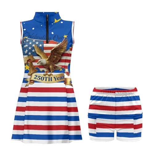 Darisoco 250 Blue American Eagle Golf Dress Tennis Outfits for Women, Tennis Golf Dresses with Built in Shorts and Pockets for Sleeveless Workout Athletic Outfits