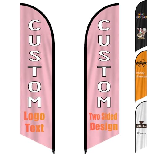 Custom Feather Flags for Business Outside, Personalized Double Sided Flag Signs Add Your Own Logo Text, Customize Store Sign Open Advertising Banner, Pink-2x8 FT