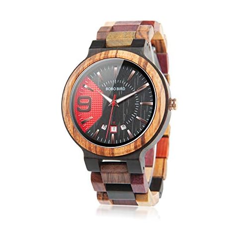 BOBO BIRD Men's Colorful Wooden Watches Analog Quartz Date Display Wood Watch Handmade Casual Wristwatch with Wooden Box for Men Cover