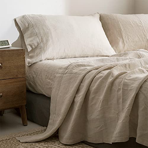 Simple&Opulence 100% Linen Sheet Set with Embroidery Washed - 4 Pieces (1 Flat Sheet & 1 Fitted Sheet & 2 Pillowcases) Natural Flax Soft Bedding Breathable Farmhouse - Linen, Queen Size