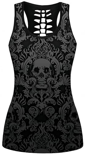 Ocean Plus Damen Schädel Sport Tops Gothic Tank Top Ärmellos Workout Weste Criss Cross Hemd Halloween Schnelltrocknendes Laufshirt (M (Brustumfang: 86 cm), Blumenförmiger dunkler Totenkopf)