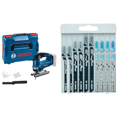 Bosch Professional 18V System Akku-Stichsäge GST 18V-125 B + 10tlg. Stichsägeblatt Set Basic for Wood and Metal (für Holz und Metall, Zubehör)