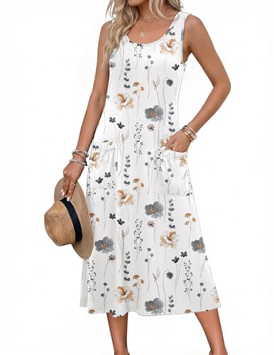 Zeagoo Womens Casual Sundress with Pockets Summer Beach Vacation Dress Floral Midi Crew Neck A-Line Sleeveless Tank Dresses