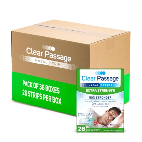 Clear Passage Nasal Strips Extra Strength, Clear, 26 Count (Pack of 36) | Works Instantly to Improve Sleep, Reduce Snoring, Relieve Nasal Congestion Due to Colds & Allergies
