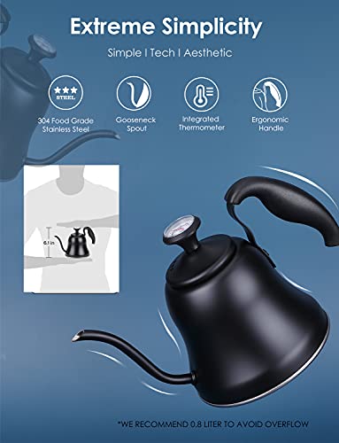 Chefbar Tea Kettle With Thermometer For Stove Top Gooseneck Kettle, Pour Over Coffee Kettle, Tea Pot Stovetop Teapot, Hot Water Heater Boiler For Camping, Home & Kitchen, Matte Black - 28Oz #TOP1