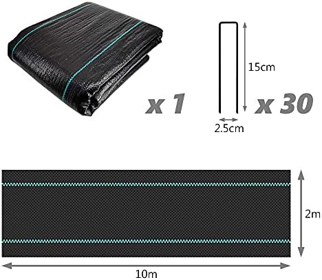 VOUNOT Weed Control Membrane 2m x 10m, with 30 Securing Pegs, Heavy Duty Weed Control Barrier Fabric, Landscape Ground Cover Suppressant Membrane for Garden, UV Stabilised