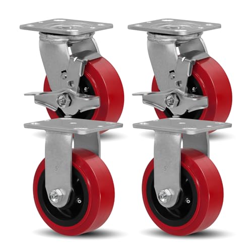 SY America 5" X 2" Caster Wheels, Heavy Duty Industrial Casters,Polyurethane on Polyolefin Core Wheel,Top Plate 4" x 4.5", 2 Rigid 2 Swivel w/Top Lock Brake,3200 LBS Load Capacity（Set of 4）