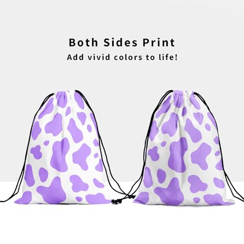 Image of Nerxy White Purple Cow Print Animal Gym Bag - Gym Drawstring Bag for Women, 9.25 inch x 12 inch