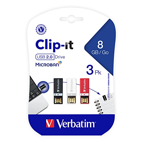 Verbatim 8Gb Clip-It Usb 2.0 Flash Drive Cap-Less Thumb Drive With Microban Antimicrobial Product Protection Resistant To Water, Dust, And Static Discharge 3 Pack - Black, White, Red 98674 #TOP6
