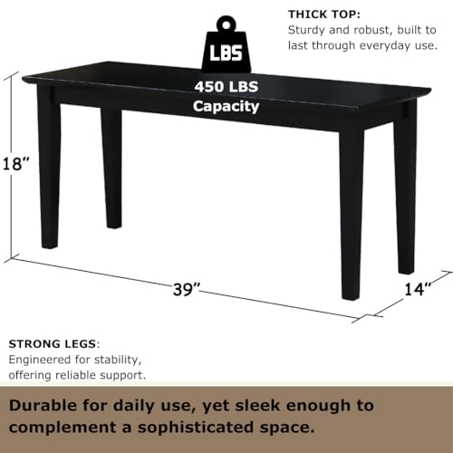 International Concepts Shaker Style Solid Parawood Kitchen/Dining Bench Sturdy & Reliable Seating, Easy Assembly, 39\"W x 14\"D x 18\"H, Black