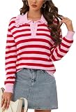 CCTOO Womens Fall Sweaters: Peter Pan Collar Cute Long Sleeve Striped Button Knit Casual Pullover Tops P L Pink