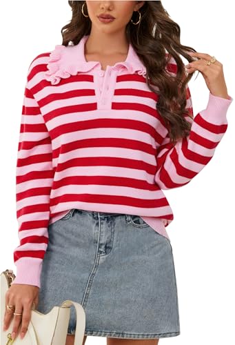 CCTOO Womens Fall Sweaters: Peter Pan Collar Cute Long Sleeve Striped Button Knit Casual Pullover Tops P S Pink