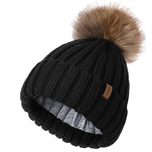 FURTALK - FURTALK Kids Winter Knitted Pom Beanie Bobble Hat Cotton Lined Faux Fur Ball Pom Pom Cap Unisex Kids Beanie Hat Black