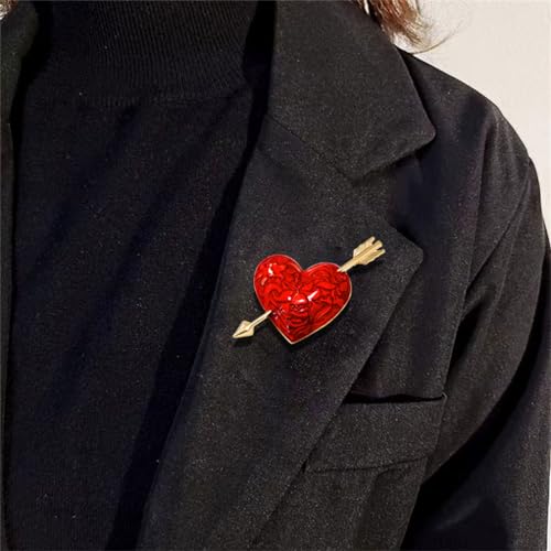 Image of Heart-Shaped Valentine's Day Brooch Pin - Retro Oil-Dripped Flower Design With Red Cupid's Arrow - Exquisite Collar Pin Love-Themed Badge Gift for Ladies and Girls