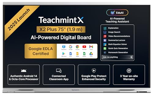 Image of Teachmint X - Digital Board for Teaching 75 Inch (1.9m) | Google EDLA Certified | X2 Plus Interactive Whiteboard Android 14 | 8GB, 128 GB| Octa-Core | for Schools, Colleges & Coaching
