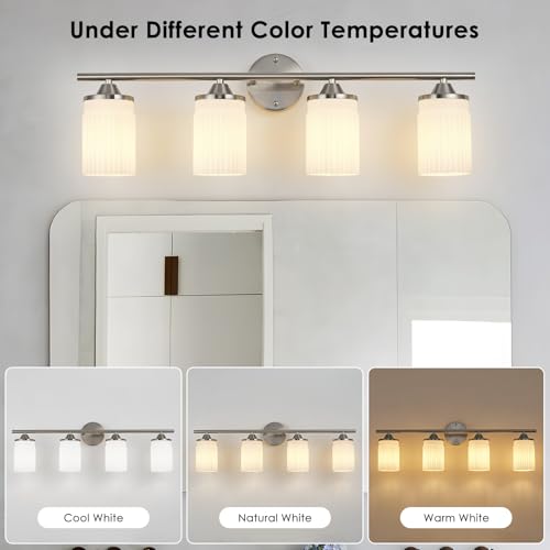 Image of Jonsi Nickel Bathroom Light Fixtures 4-Light Vanity Lights Modern Wall Sconce with Milk White Shade Brushed Nickel Bathroom Light Fixture Over Mirror for Bedroom Hallway Kitchen